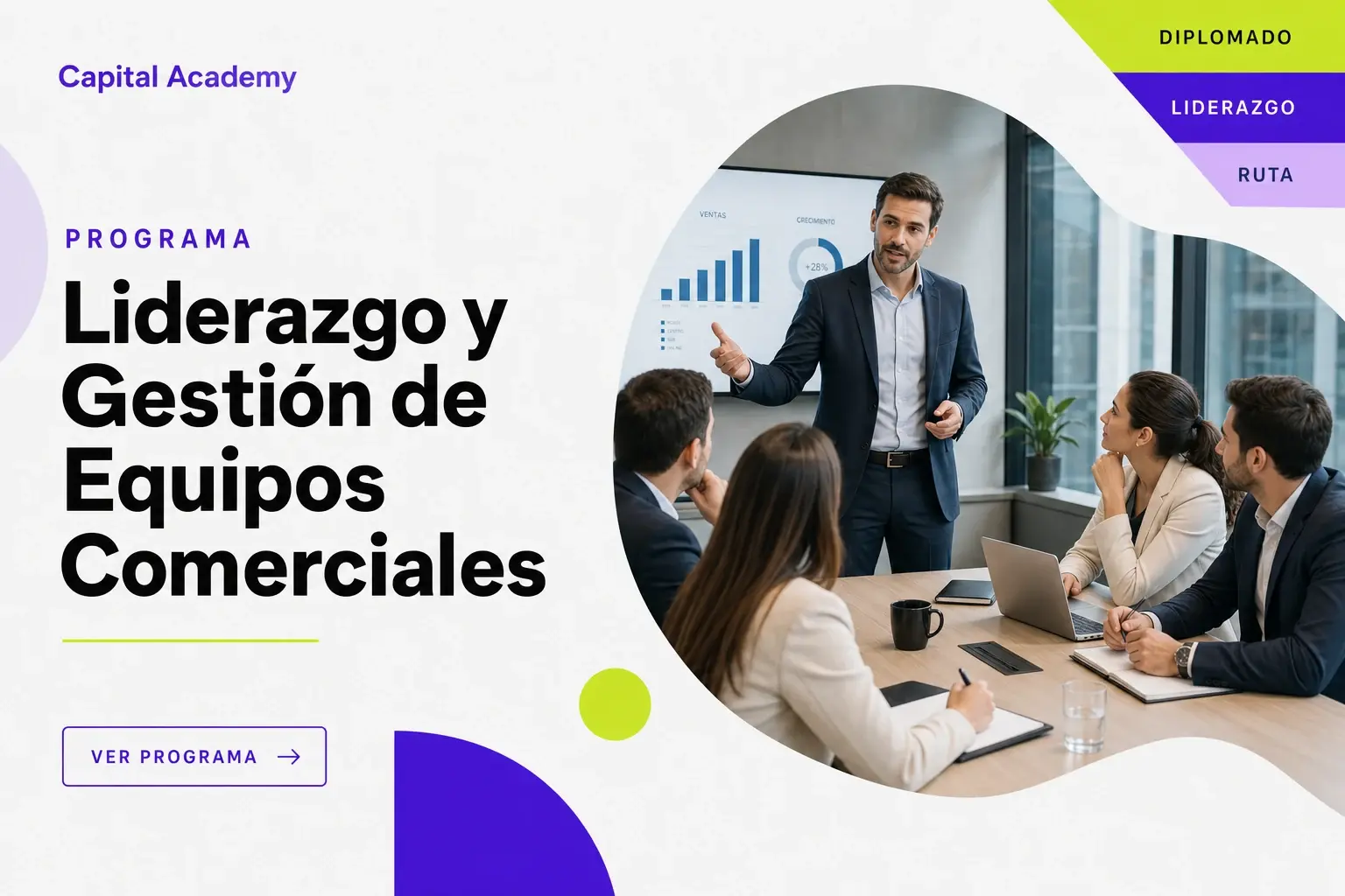 Brochure del Programa de Liderazgo y Gestión de Equipos con líder facilitando reunión